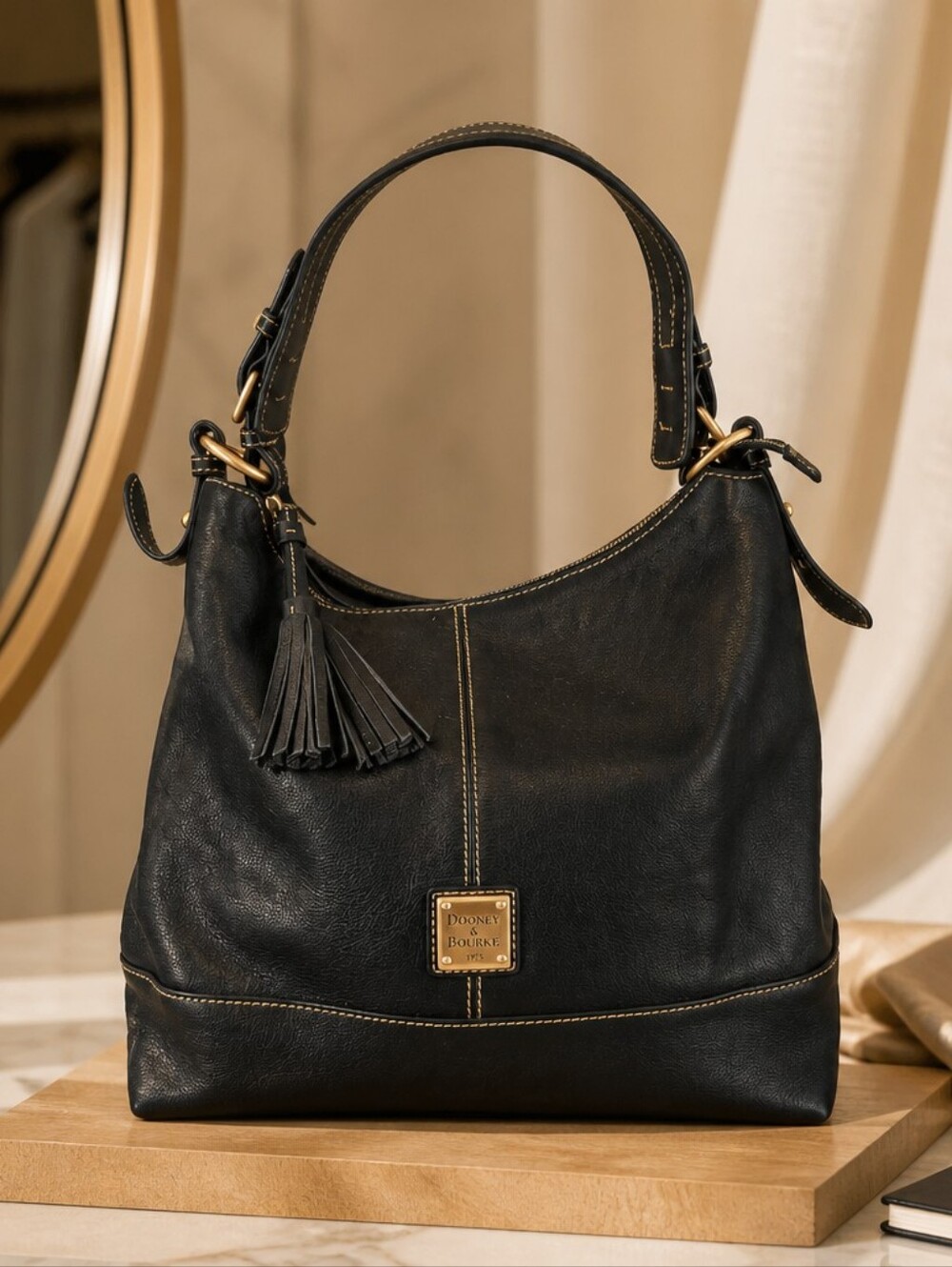 Dooney & Bourke Black Leather Tassel Hobo Shoulder Bag